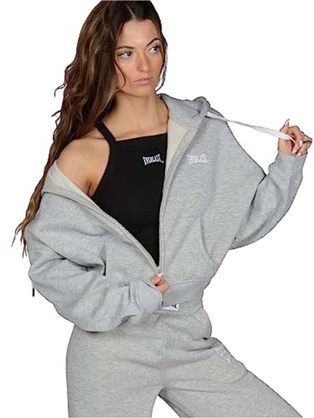 Cropped Zip-Up Hoodie Fleece Lined Kangaroo Pocket Lounge Gym